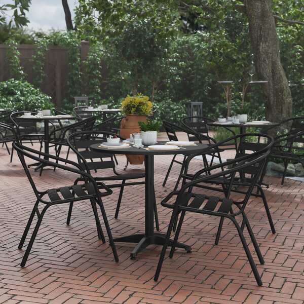 Flash Furniture Lila 31.5in Black Round Aluminum Indoor-Outdoor Table Set with 4 Black Slat Back Chairs TLH-ALUM-32RD-017BK4-GG